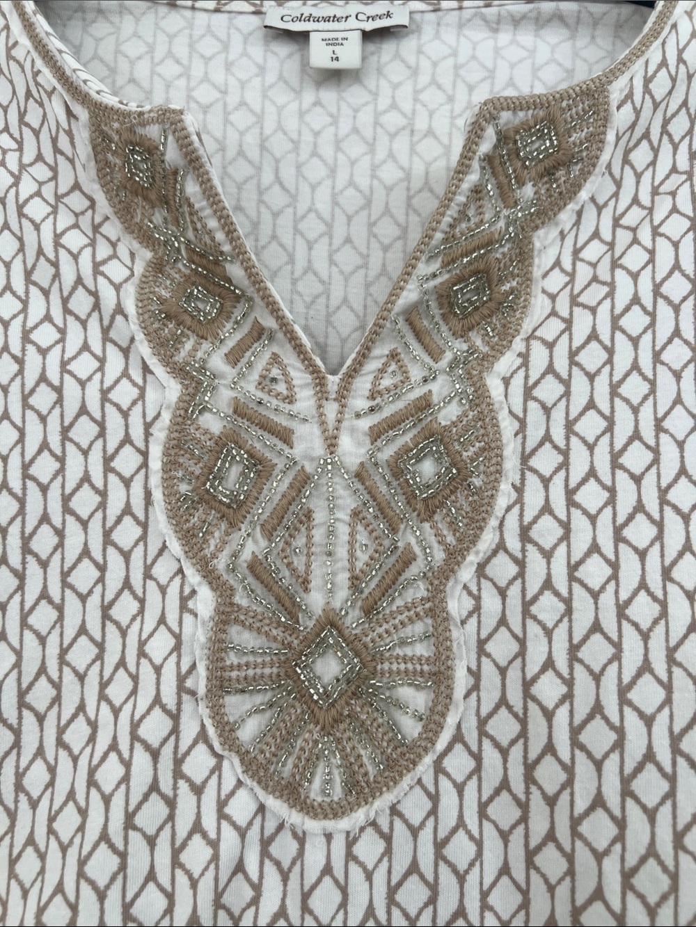 Coldwater Creek Cream Tunic with Tan Embroidered V-Detail - Picture 3 of 8